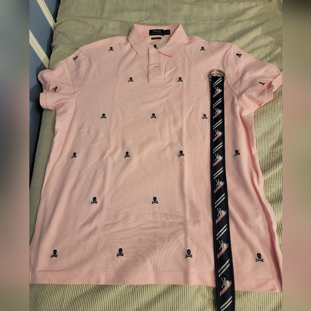 Polo Ralph Lauren size XL pink/blue allover Skull and crossbones w Matching belt